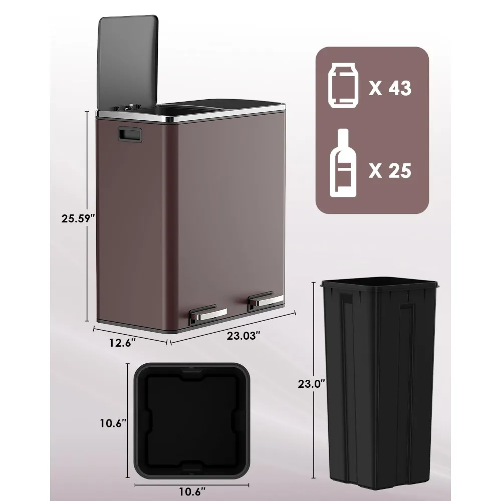 Poubelle de cuisine à double compartiment en acier inoxydable, capacité de 60l pour les déchets et le recyclage, grande poubelle avec Secti séparé