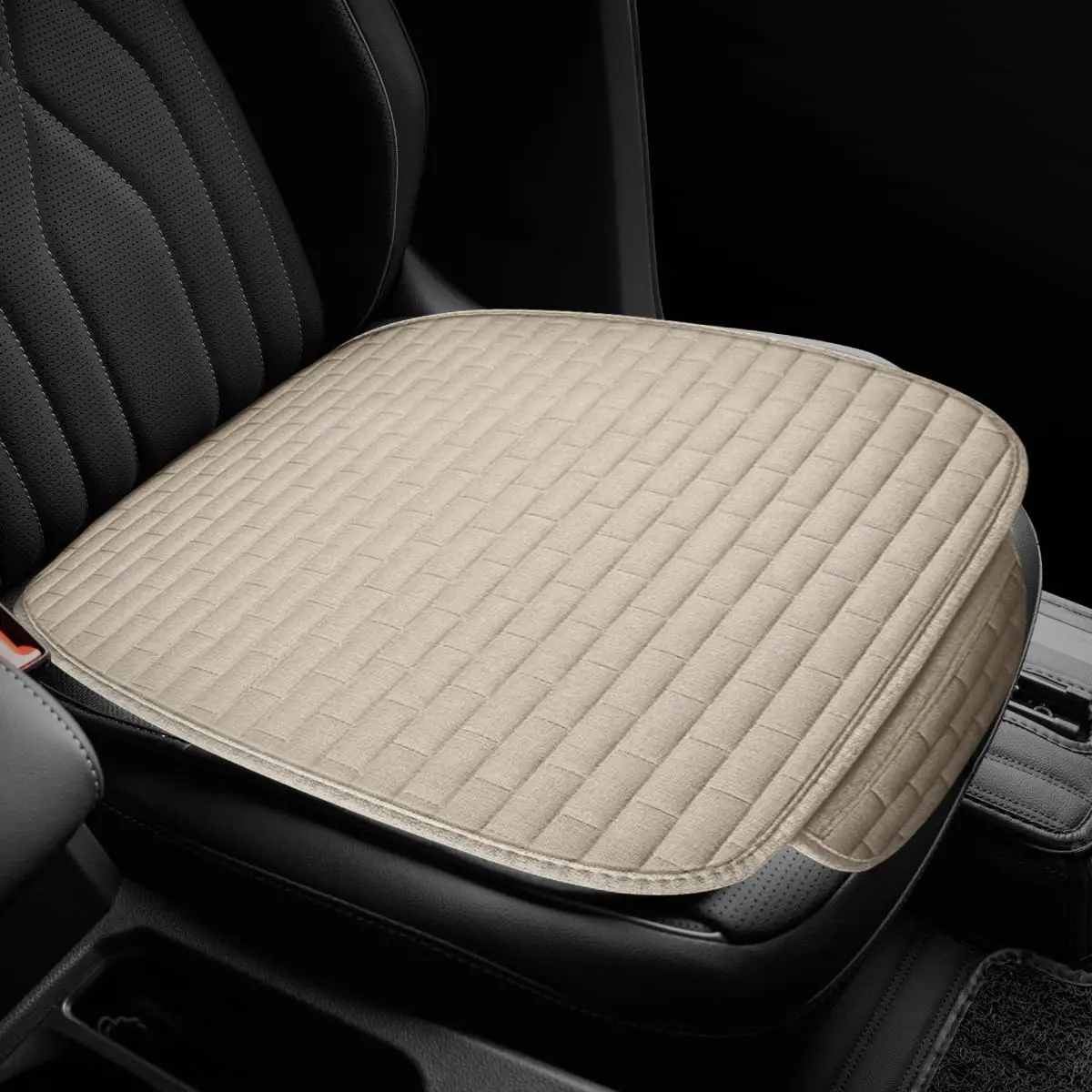 

Beige Linen Car Seat Cushion Breathable Anti-Slip Universal Seat Pad With Storage Pocket