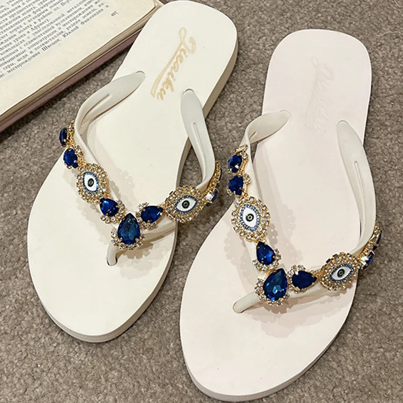 Summer Women Flip Flops Beach Vacation Slippers With Rhinestone Decoration Sides Sandals Flat Soft Casual Shoes For Female 35-41