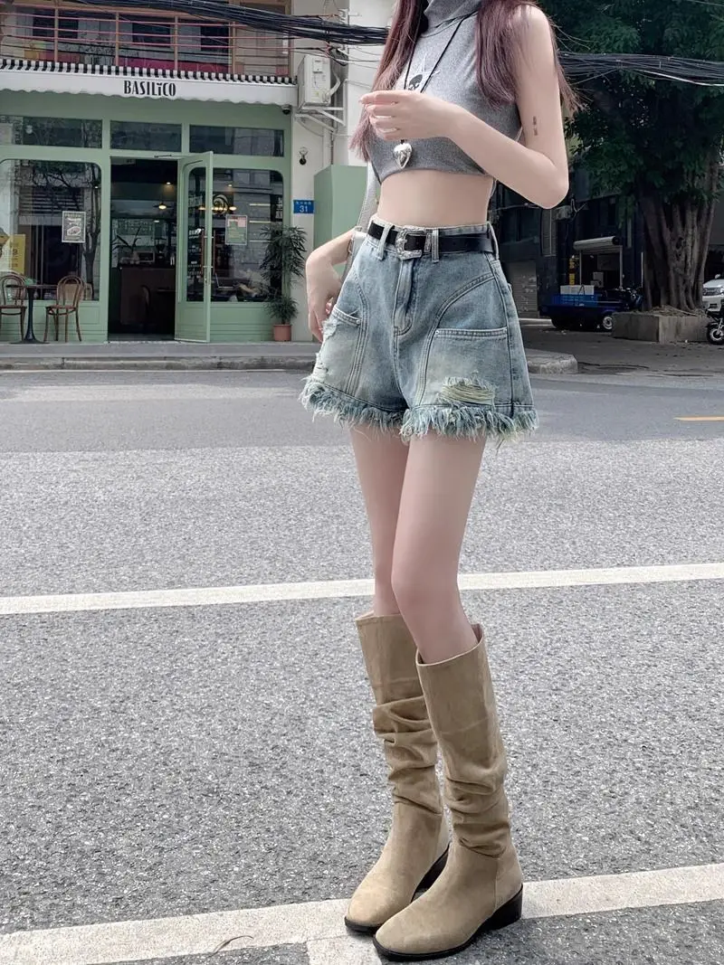 Women Vintage Tassels Denim Shorts Button Loose High Waist A-line Jean Shorts Casual Women Office Trousers Streetwear