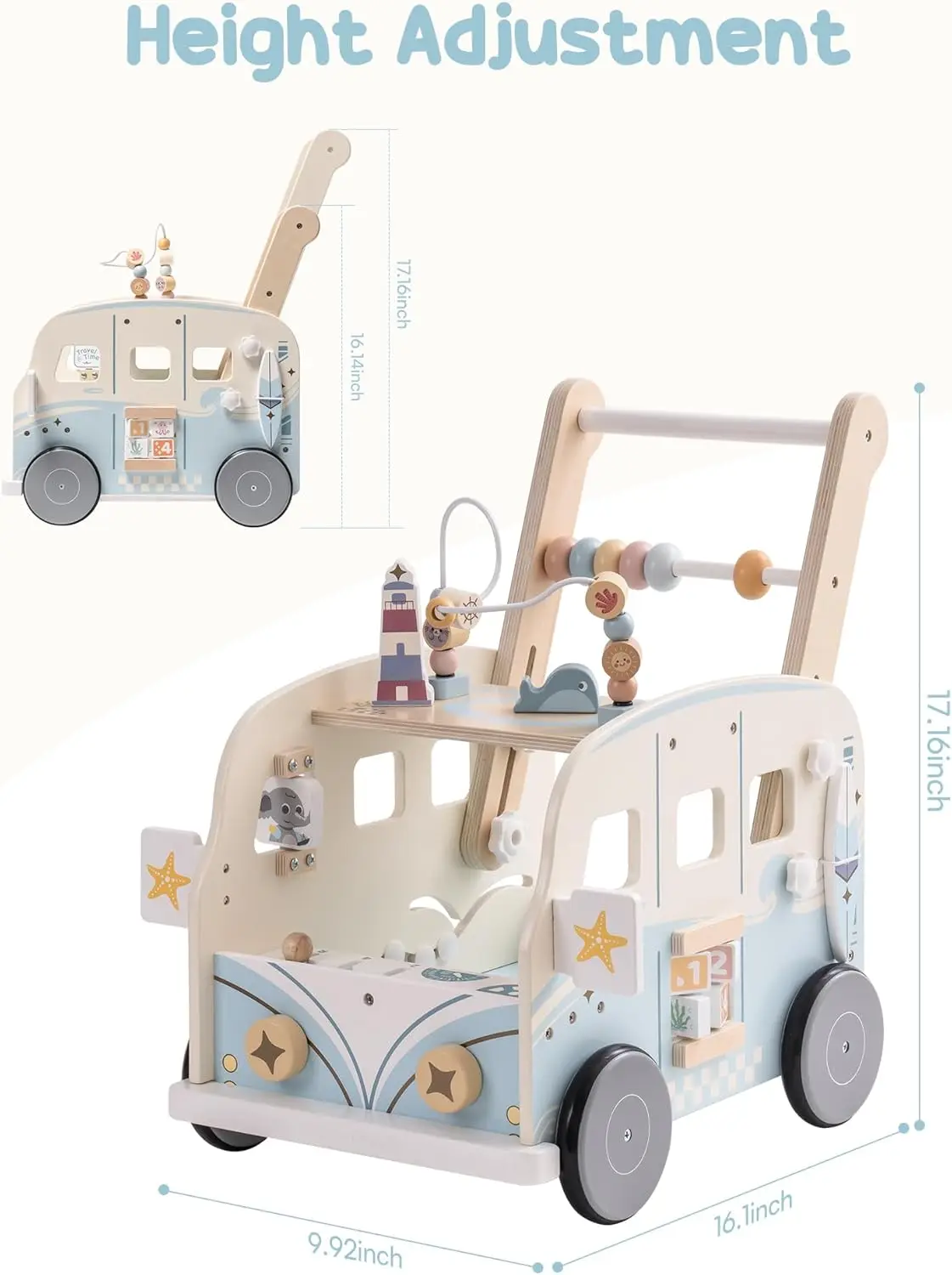 Robotime Robud Houten loopstoeltje Baby Duw mee Activiteit Wandelaars met wielen Multifunctionele loopstoeltje Cadeau voor jongens Grils