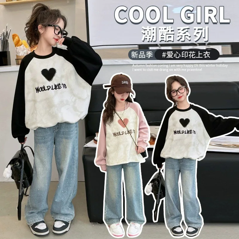 2026 Winter Autumn Fashion patchwork Girls Clothes Teens Heart Hoodies loose Sweatshirts Tops Kids T-shirt 4 6 7 8 9 10 12 Year
