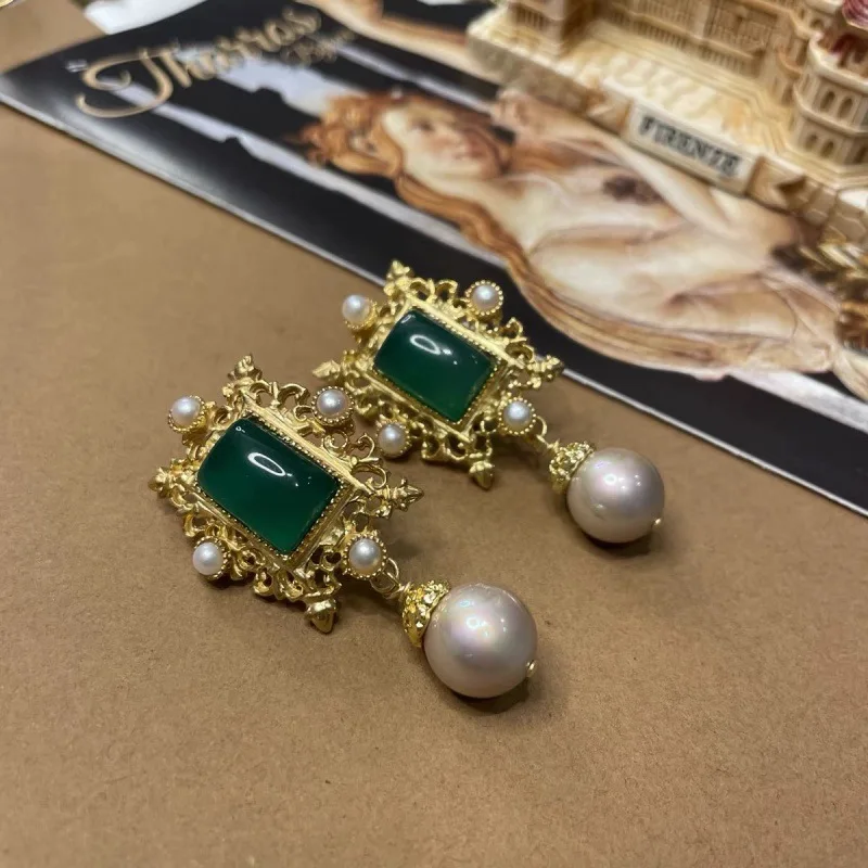 

Vintage Court-Style Gemstone & Pearl Tassel Earrings - Classic Stud Earrings, Women's Elegant Jewelry