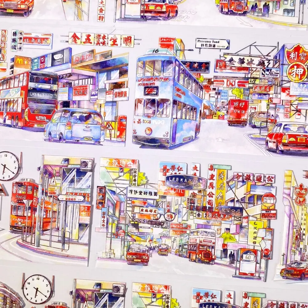 Hong Kong Island Nostalgia PET Tape Sample, Retro Street Store DIY Stickers for Journaling Scrapbooking Shaker Card Making