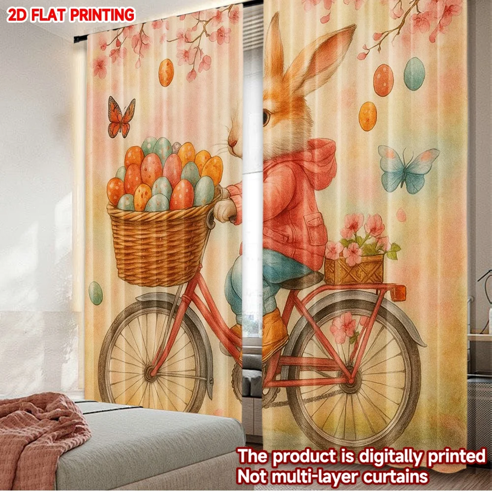2D flat printing 2pcs Party Curtain Cartoon rabbit riding bike with eggs New Year pink cherry butterfly Digital Printed