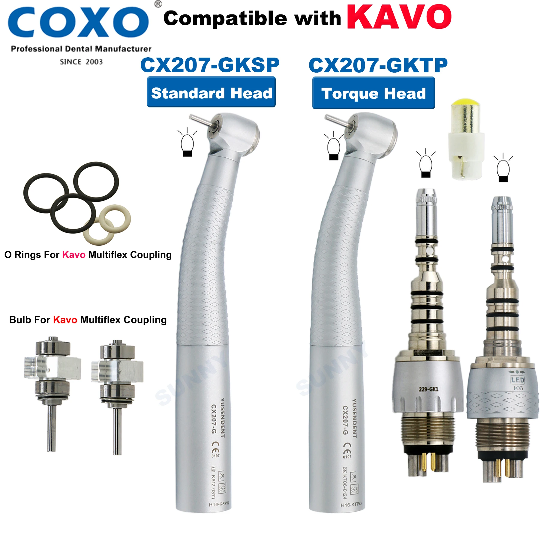 

COXO Dental Turbine Fiber Optic High Speed Handpiece Air Rotor Standard Torque Big Head LED Coupler 6 Pin Fit KAVO MULTIFLEX LUX