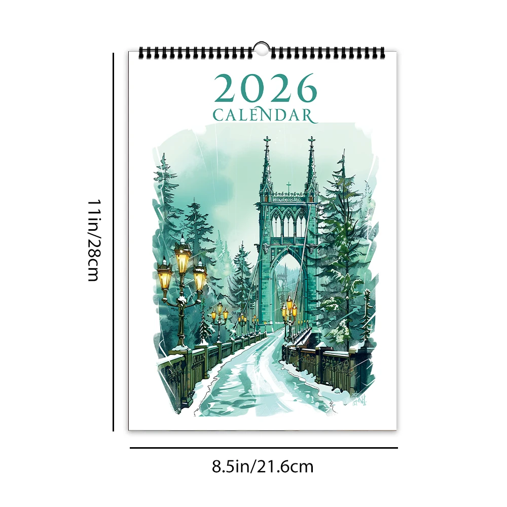 

1 шт. 2026 настенный календарь, винтажный дизайн акварельного здания, 12 красивых узоров, идеальный подарок на дни рождения, Рождество, Новый год
