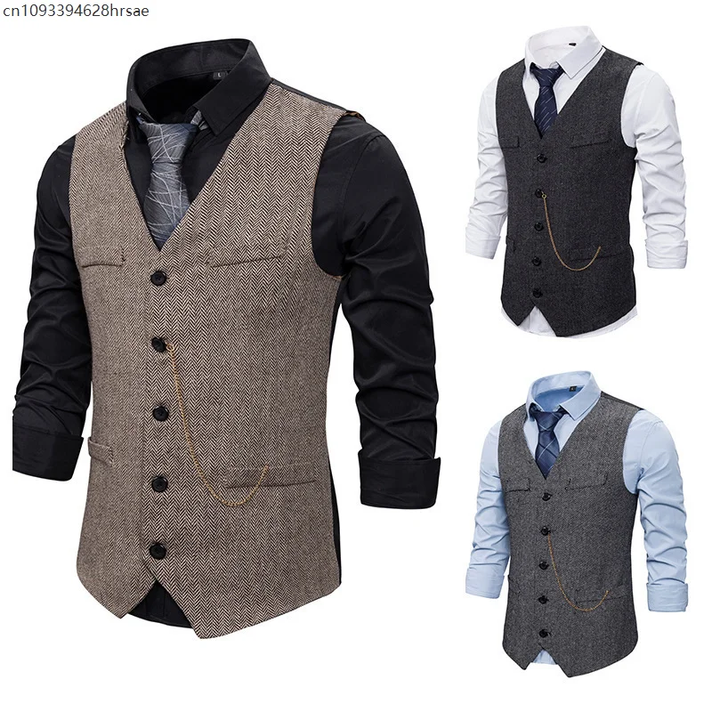 

1920S Adult mMen's Waistcoat Single Breasted Casual Waistcoat with Metal Chain Gray Brown Black Business Waistcoat Costume men
