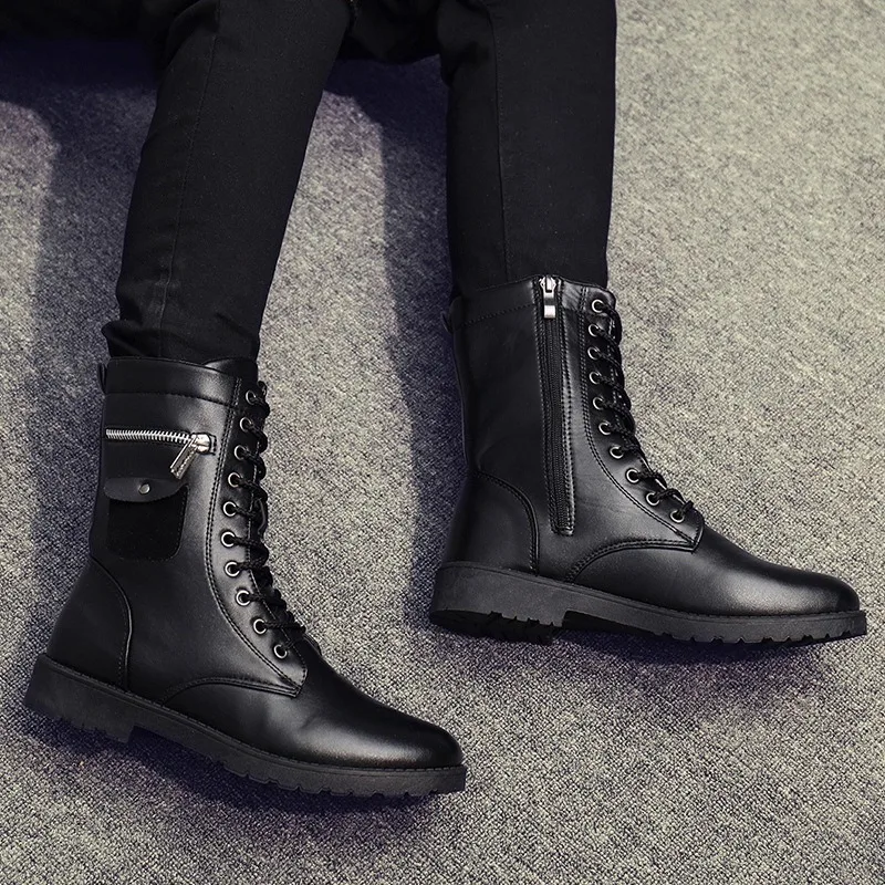 Men's High-top Boots Fashion Motorcycle Boots Metal Side Zip Leather Boot Plush Warm Winter Boots for Men Casual Business Botas - Image 3