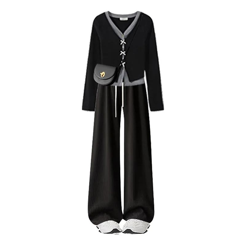 ชุดเซ็ตเสื้อคลุมคาร์ดิแกนเปิดไหล่ทรงวี แขนยาว สำหรับผู้หญิง สไตล์ลำลอง เหมาะกับต้นฤดูใบไม้ร่วง ชุดสองชิ้น กางเกงใส่สบายสำหรับใส่ทุกวัน