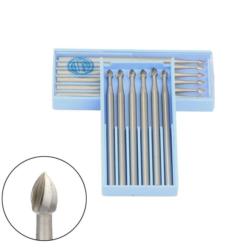 7gtool 6pcs Shank 1.0-2.3mm Peach Type  Precision Tungsten Carbide Rotary Burrs Milling Cutter Engraving Tool  Carving Knife