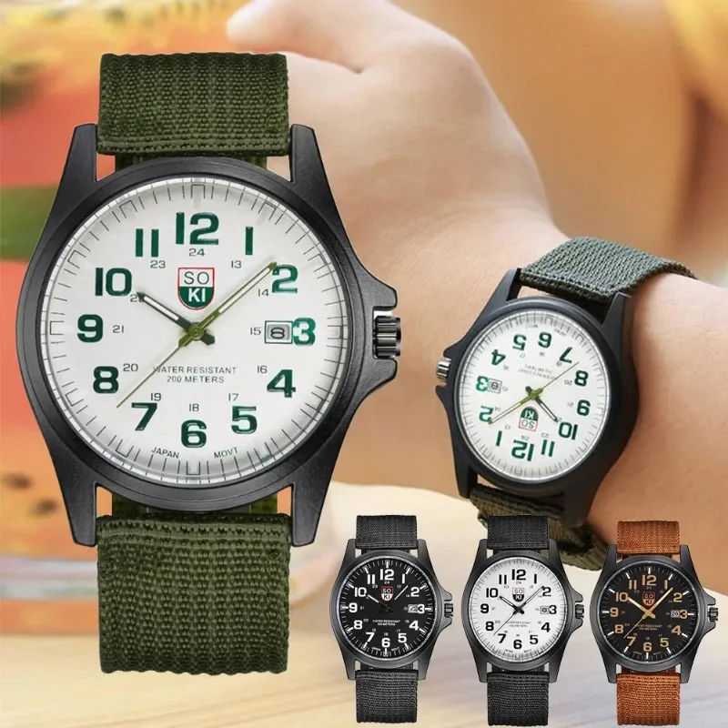 masculino, 1 unidad, reloj de nailon con correa marrón, cuarzo, moda, esfera de cristal redonda Simple, reloj con fecha para deportes diarios, relojes masculinos