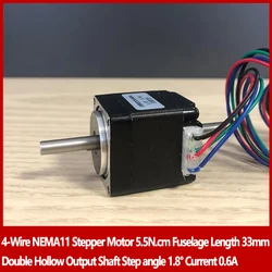 4-Wire NEMA11 Micro Stepper Motor 5.5N.cm Fuselage Length 33mm Double Hollow Output Shaft Step angle 1.8° Current 0.6A