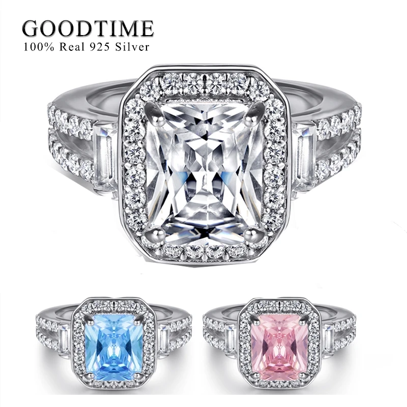 

Luxury Wedding Ring Pure100% 925 Sterling Silver Square Zircon Engagement Ring Pink Blue Band Jewelry Gift For Women Girl