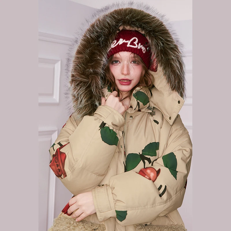ELFSACK Damen Parka Daunenjacke Winter Pelzkragen Kirschdruck Übergroßer süßer cooler lässiger warmer Mantel