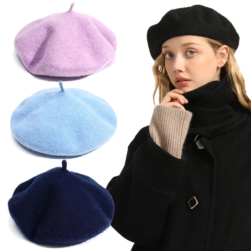 Retro Girl Solid Color Beret French Artist Warm Wool Winter Beanie Hat Vintage Plain Beret Solid Color Elegant Ladies Winter Hat