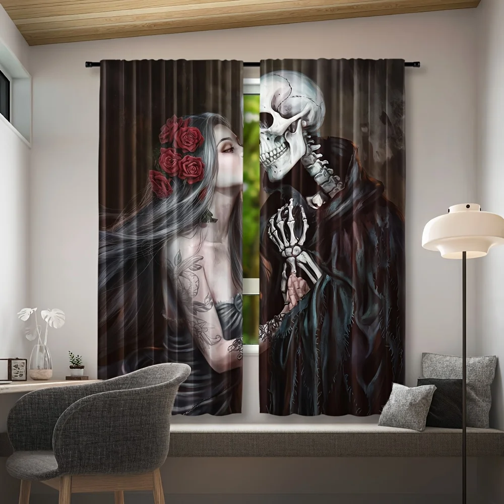Gothic Skull & Girl Print Curtains Dark Romance Skeleton Pattern Drapes Halloween Living Room Bedroom Window Treatment HomeDecor