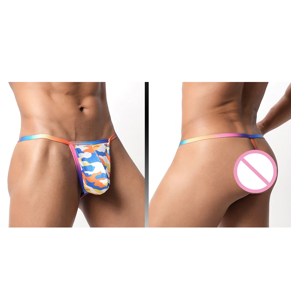 

Men Sexy Femboy G-string T-Back Camouflage Print Lingerie Mesh Low Rise Underpants Erotic Underwear Exposed Butt Briefs Thongs