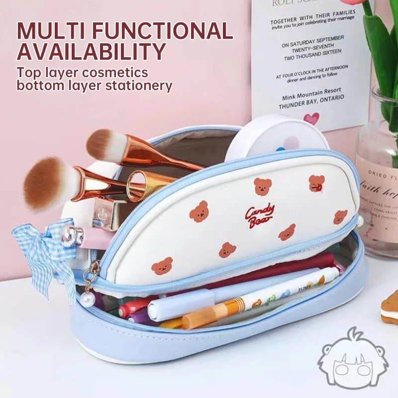 Cute Heart Strawberry Pencil Case Large Capacity Kawaii Pencil Bag Stationery Items School Supplies Pen Holder for Kids Gifts