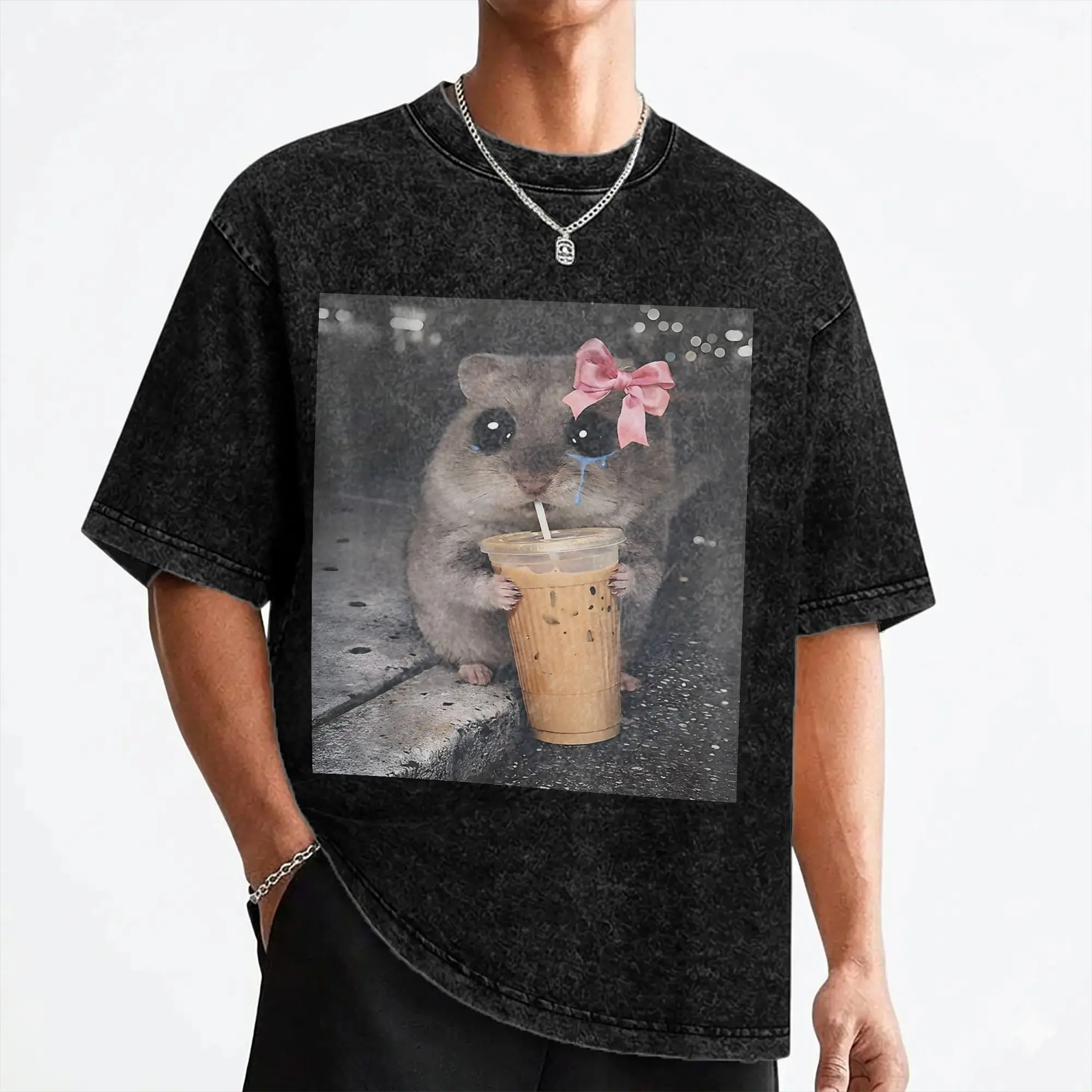 Cute Hamster Drinking Iced Coffee Funny Animal Meme T Shirt Washed 100% Cotton T-Shirt for Men Women Streetwear Graphic Tees