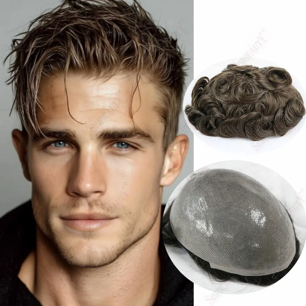 

410 # Серый Коричневый Блондин 0,06 мм Полный ПУ Мужской капиллярный протез Vloop Skin Toupee 100% человеческие волосы Мужские парики для мужской системы волос