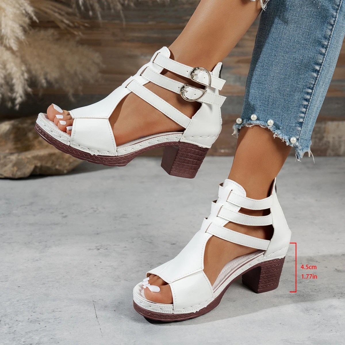 2025, Sommermode, Damen, klobige Pumps mit hohen Absätzen, schwarz-weiße Sandalen, lässige Rom-Gladiator-Fischmaul-Sandalen für Damen