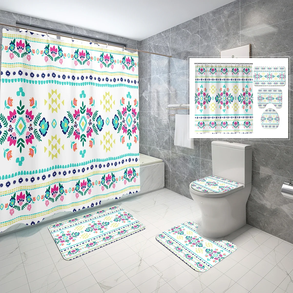 4 Pcs Bohemian Style Shower Curtain Sets Floral Style Illustration Non-Slip Bath Mat Toilet Cover Waterproof Shower Curtain Set