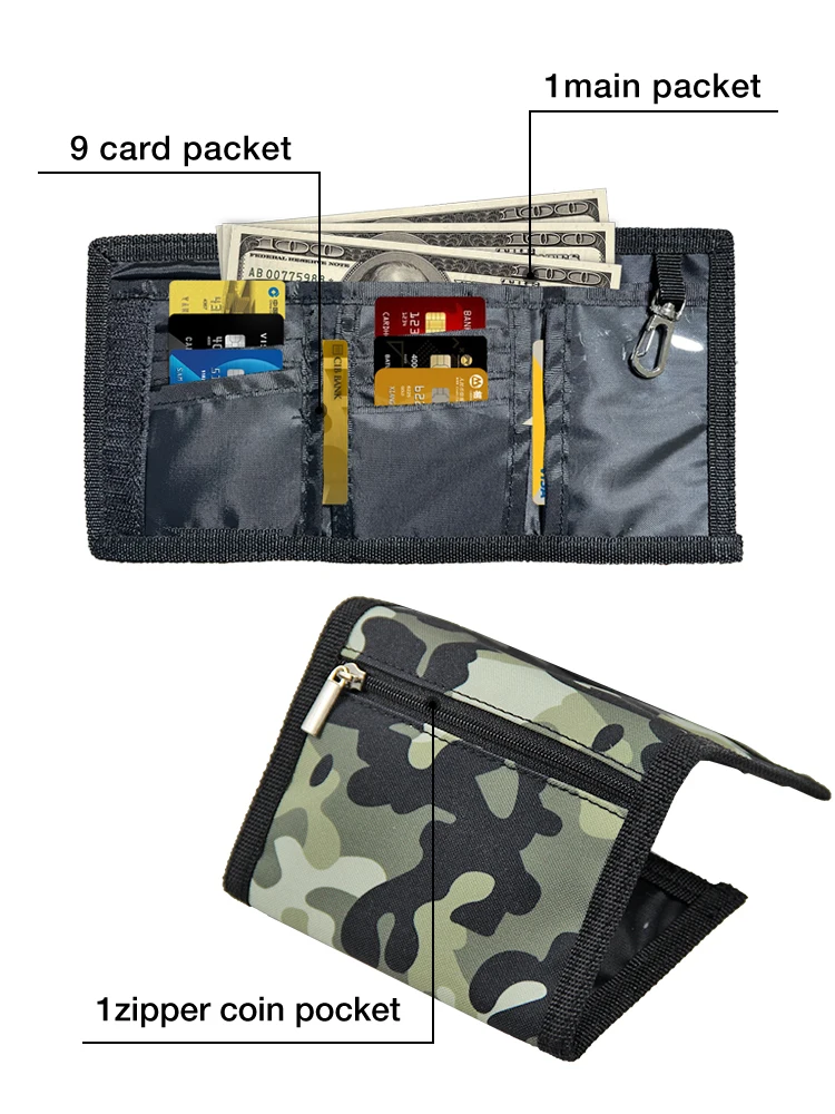 محفظة كاجوال، محافظ مموهة، محفظة رفيعة، رياضية ثلاثية الطي مع سحاب، محفظة للعملات المعدنية، حامل بطاقات الهدايا #3