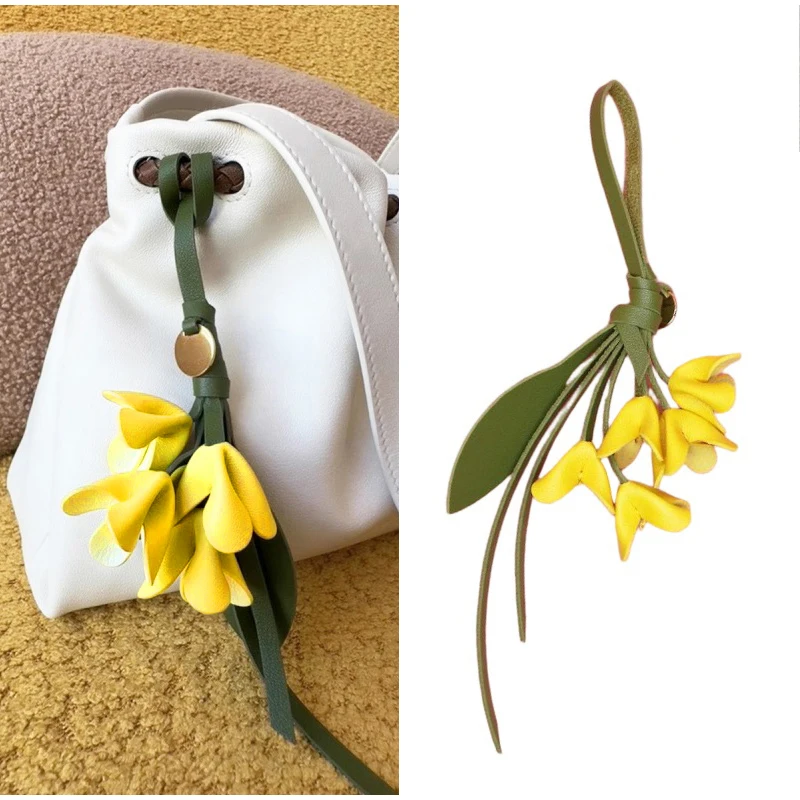 Pendentif de sac à fleurs en cuir véritable, marque Design Original, exquis, fait à la main, Simulation de fleur, porte-clés tulipe Osmanthus