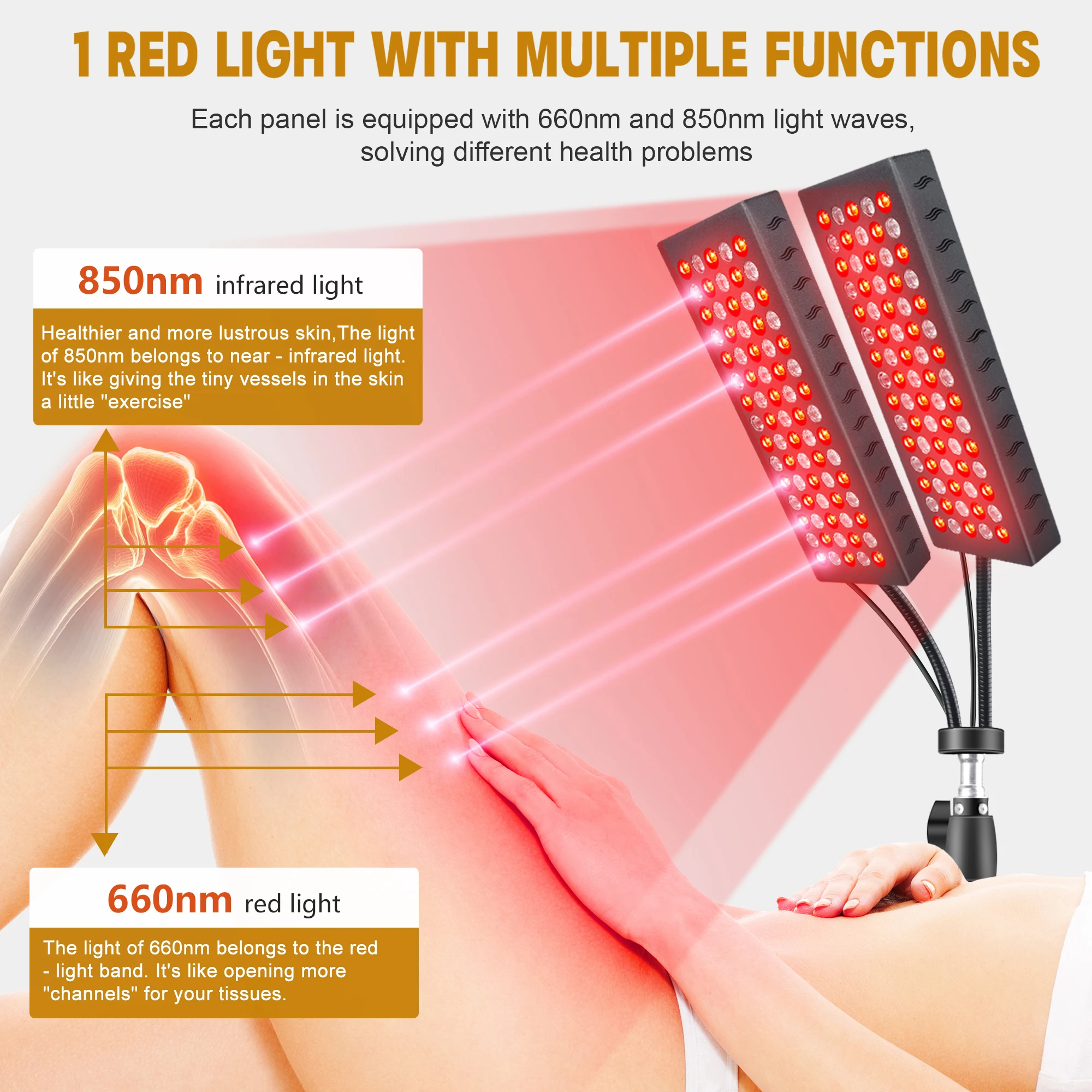 Home Beauty Device Red Light Therapy Floor Lamp Dual Head 660nm  LED Adjustable Height Full Body Pain Relief 360° Rotatable Pane view 3