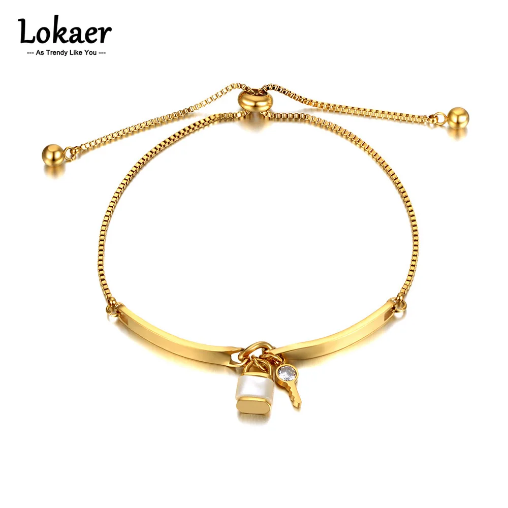 Lokaer Mode Titan Edelstahl Kristall Lock Key Charm Armband Für Frauen Einstellbare Größe Kette Link Armband B21102