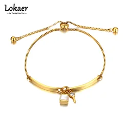 Lokaer Fashion Titanium Stainless Steel Crystal Lock Key Charm Bracelet For Women Adjustable Size Chain Link Bracelet B21102