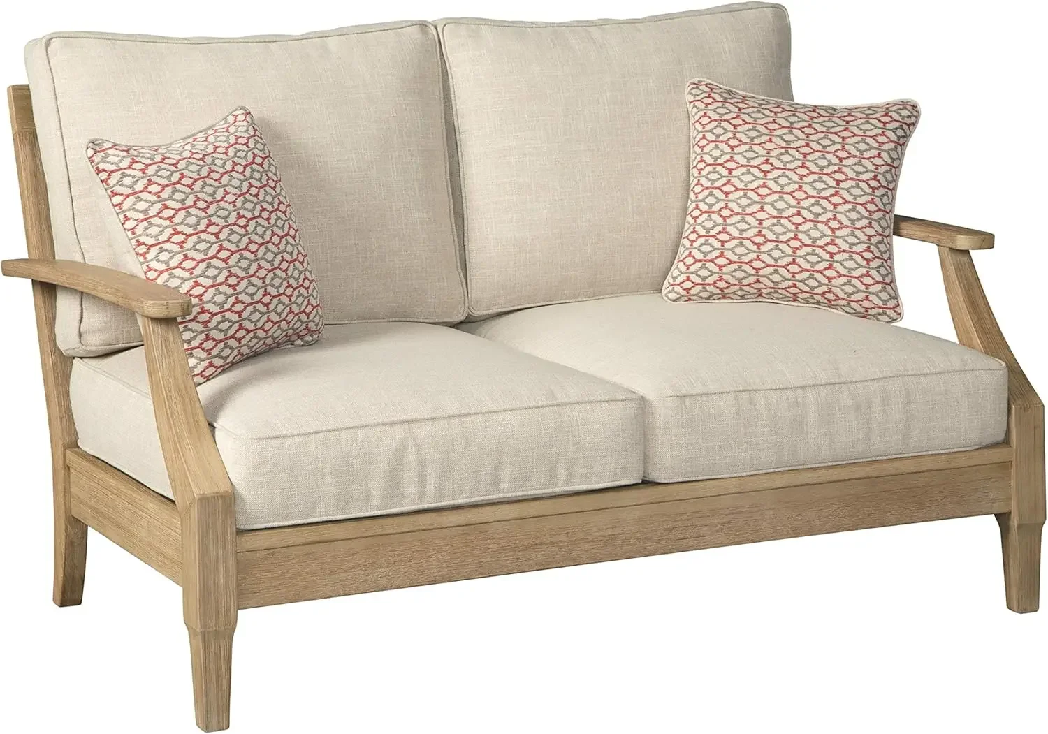 

Signature Design By Ashley Clare View Coastal Outdoor Patio Eucalyptus Loveseat with Cushions, Beige