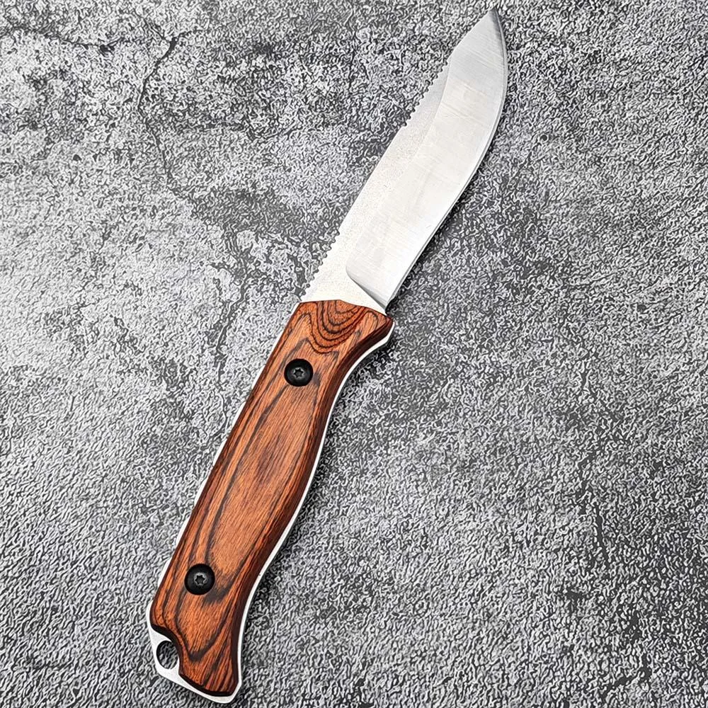 

15002/15017 Высококачественный нож с фиксированным клинком для активного отдыха, кемпинга, охоты и выживания, портативный, с деревянной рукоятью и кожаными ножнами