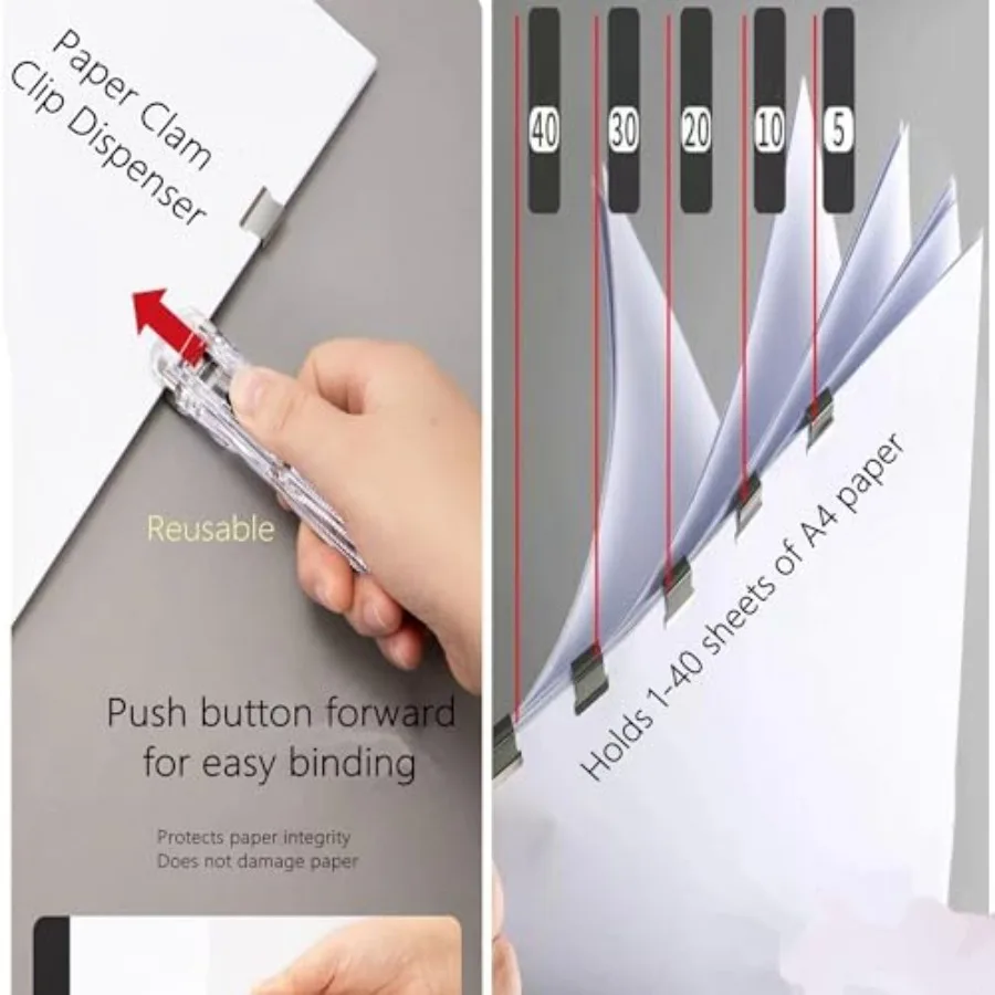 Dispensador de clips de almeja de papel portátil, cortapapeles rápido con 50 clips metálicos plateados reutilizables para documentos de escritorio y oficina