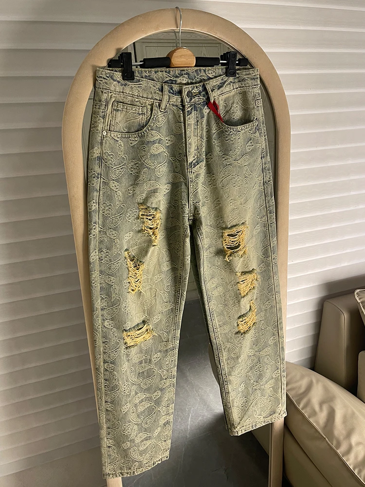 

Мужские джинсы в стиле ретро с американской вышивкой, свободного прямого кроя, с эффектом потертости, уникальный дизайн, длинные брюки из хлопка для повседневной носки