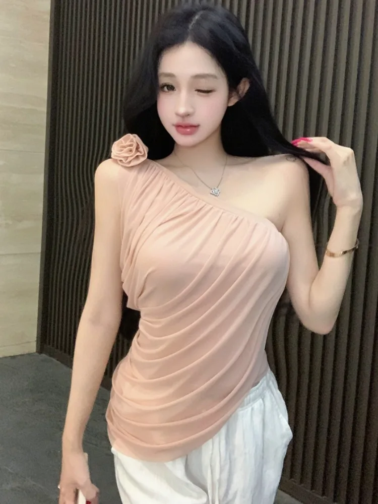 

Elegant Chic Irregular Lace Shoulder Strap Vest Women Pure Desire Spicy Girl Sleeveless Top Korean Style Commute Shirt