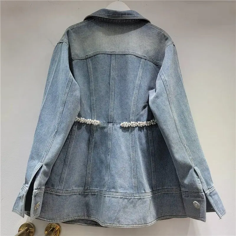 2026 Primavera Nuovo Pesante Perline Strass Moda Donna Casual Versatile Allentato Dimagrante Giacca a maniche lunghe Cappotto Giacca di jeans