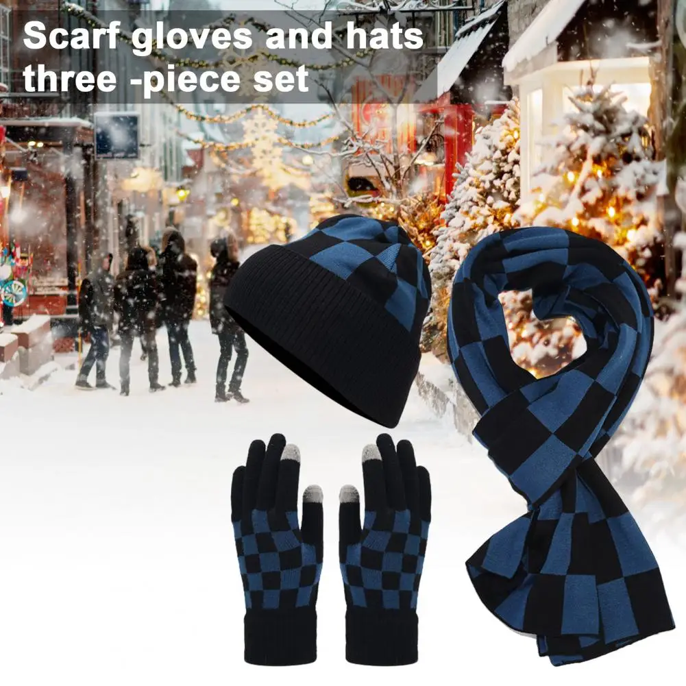 Plaid Style Winter Hat Winter Outdoor Hat Winter Beanie Scarf Gloves Set Check Print Dome Hat Touchscreen Gloves for Outdoor