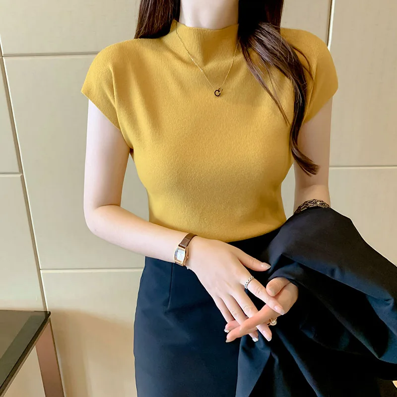 Frauen Sommer Sexy Gestrickte Rollkragen Ärmellose T-Shirts Tops Solide Slim Fit Pullover Kausalen Tees Weibliche Streetwear Grundlagen Tees – Detail 10