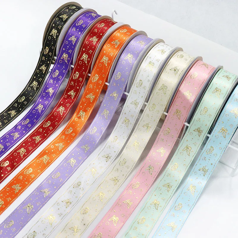 

1'' 25mm Laser Gold Silver Foil Butterfly Printing Single Side Satin Ribbon For Wedding Flowers Wrapping Bowknot Craft