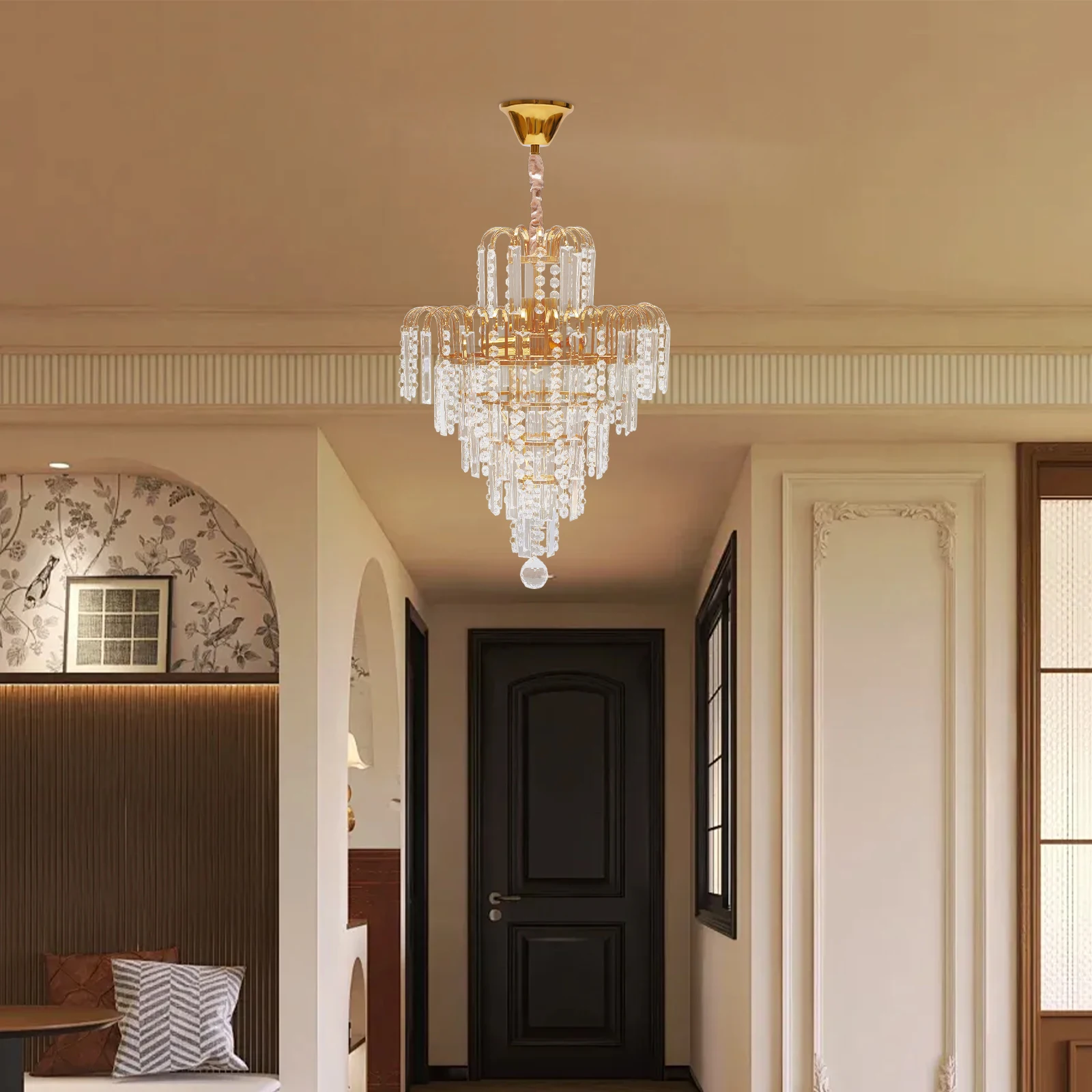 Elegant Modern Ceiling Light K9 Crystal Chandelier Pendant Lighting Fixture Lamp Metal+Glass Gold Polishing and Electroplate
