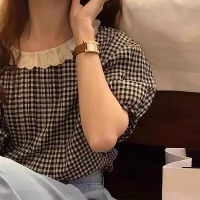 

Sweet Lace Plaid Splice Women's irt Brand Button Dongda Gate Sle Commute Design ort Sve Slim Fit Summer