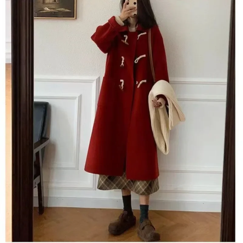 Women Chic Horn Button Long Blends Coats Solid Colors Warm Autumn Winter Coats Big Pockets Elegant Commute Outwears New Parkas