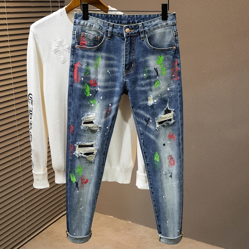 

Men's Stretch Slim Jeans Spray Paint Graffiti High Street Ripped Fashion Trousers Youth Holes Hip Hop Denim Pants