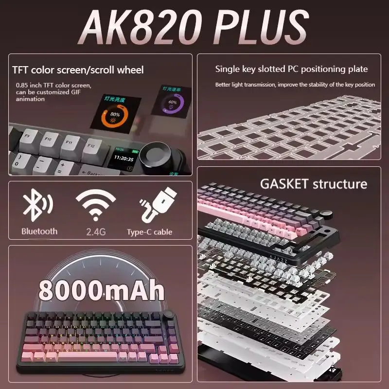 AJAZZ AK820 Max Plus Tri Mode Mechanical Keyboard Wireless Bluetooth Wired Rgb Hot Swap Gasket Game Office Keyboard With Knob - Image 2