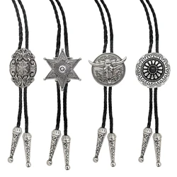 Vintage Western Cowboy Bolo Tie for Men Star Bull Circular Cross Pendant Black Leather Rope Necktie Women Necklace Accessories