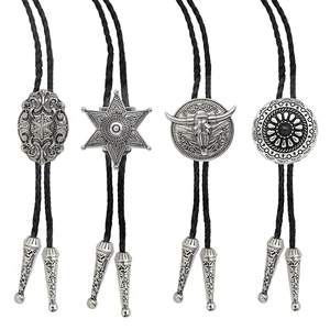 Dasi Bolo Koboi Barat Antik untuk Pria Liontin Salib Melingkar Bintang Banteng Dasi Tali Kulit Hitam Aksesori Kalung Wanita 6 dasi bintang penjualan terbaik - №