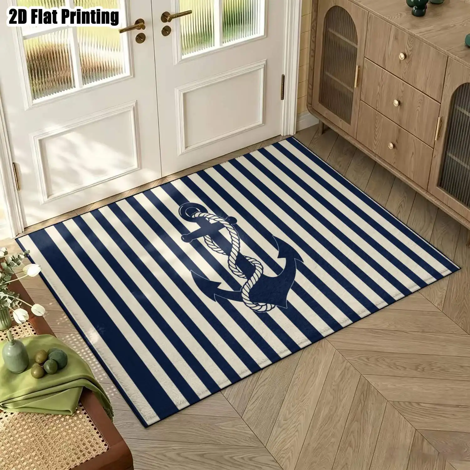 1Pc 2D Printed Carpet: Blue & White Striped Boat Anchor, Nordic/Instagram/Modern Minimalist/Vintage Geometric Style, Multi-Size, Machine Washable, Suitable for Entrance/Dining Room/Foyer/Bedroom/Living Room Home Decor Floor Mat