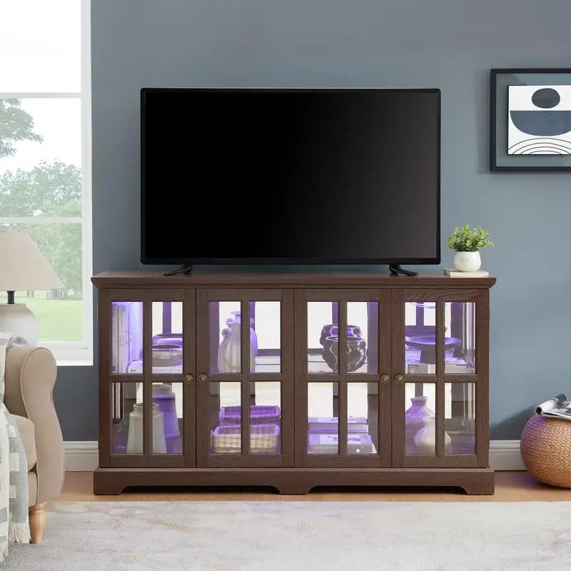 

Antique LED Curio Display Cabinet with Glass Doors, Adjustable Shelves for Collectibles, Four-Door Vintage Showcase for Home or